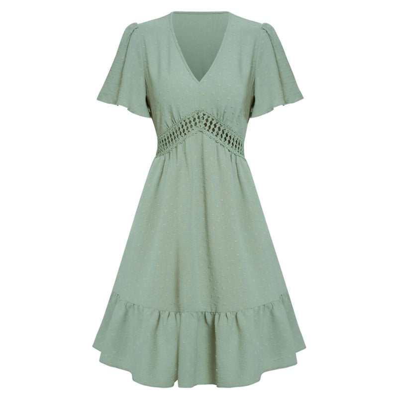 Wholesale V-neck Solid Color Lotus Leaf Sleeve Polyester Dress